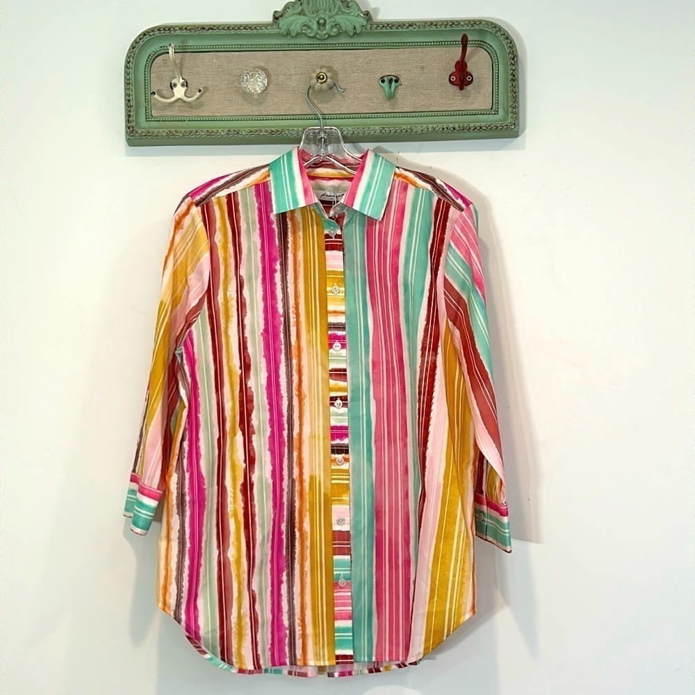 Foxcroft Boyfriend No Iron Spring Watercolor Stripe Tunic Womens small new W tag